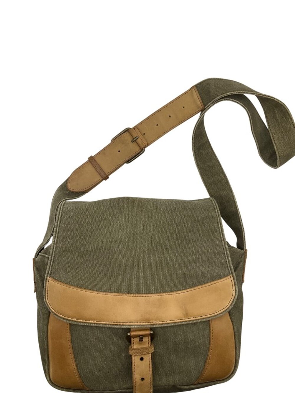 Vintage L.L. Bean Olive Green Canvas Leather Crossbody Messenger Field Flap Bag